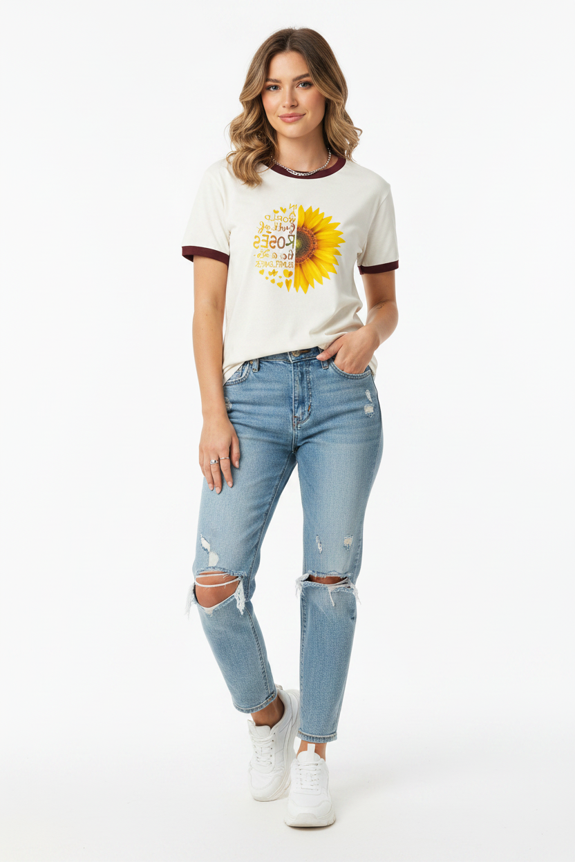 Female Model - Maroon Off White Ringer T-Shirt