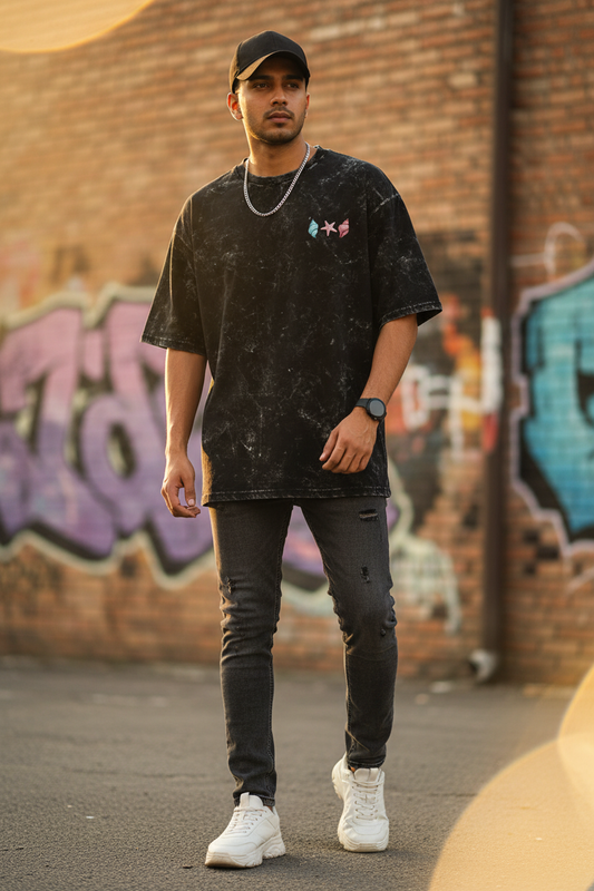 Black Acid Washed Oversized Tee - Man
