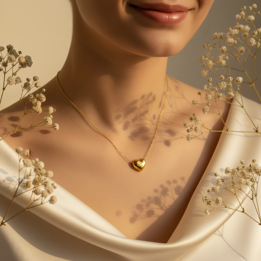 3D Heart Gold Pendant worn on neck