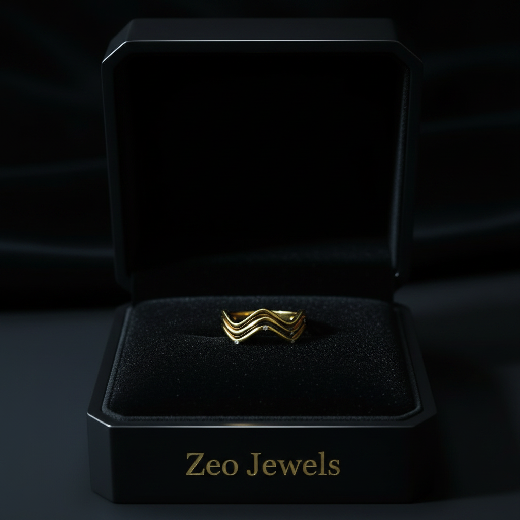 Zig Zag Gold Ring with Zeo Jewels branding on black velvet