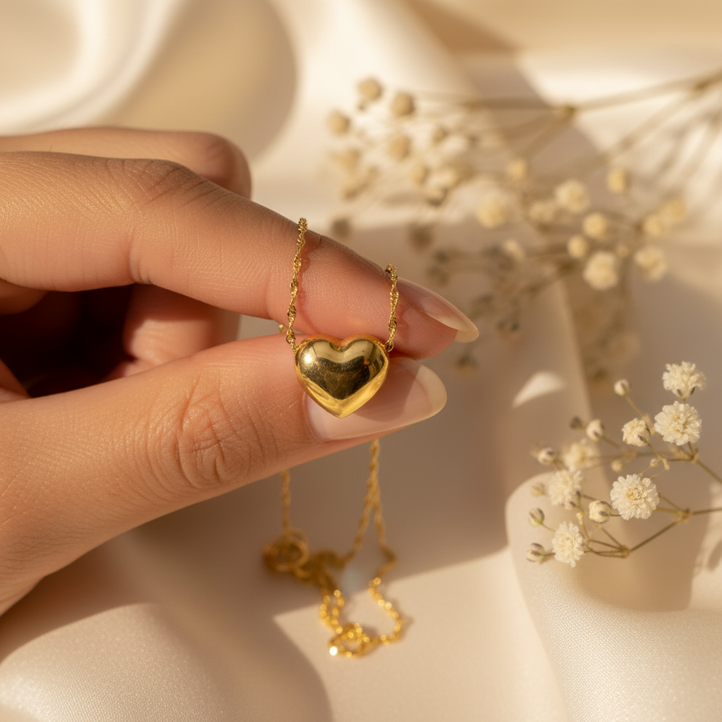 3D Heart Gold Pendant held between fingers