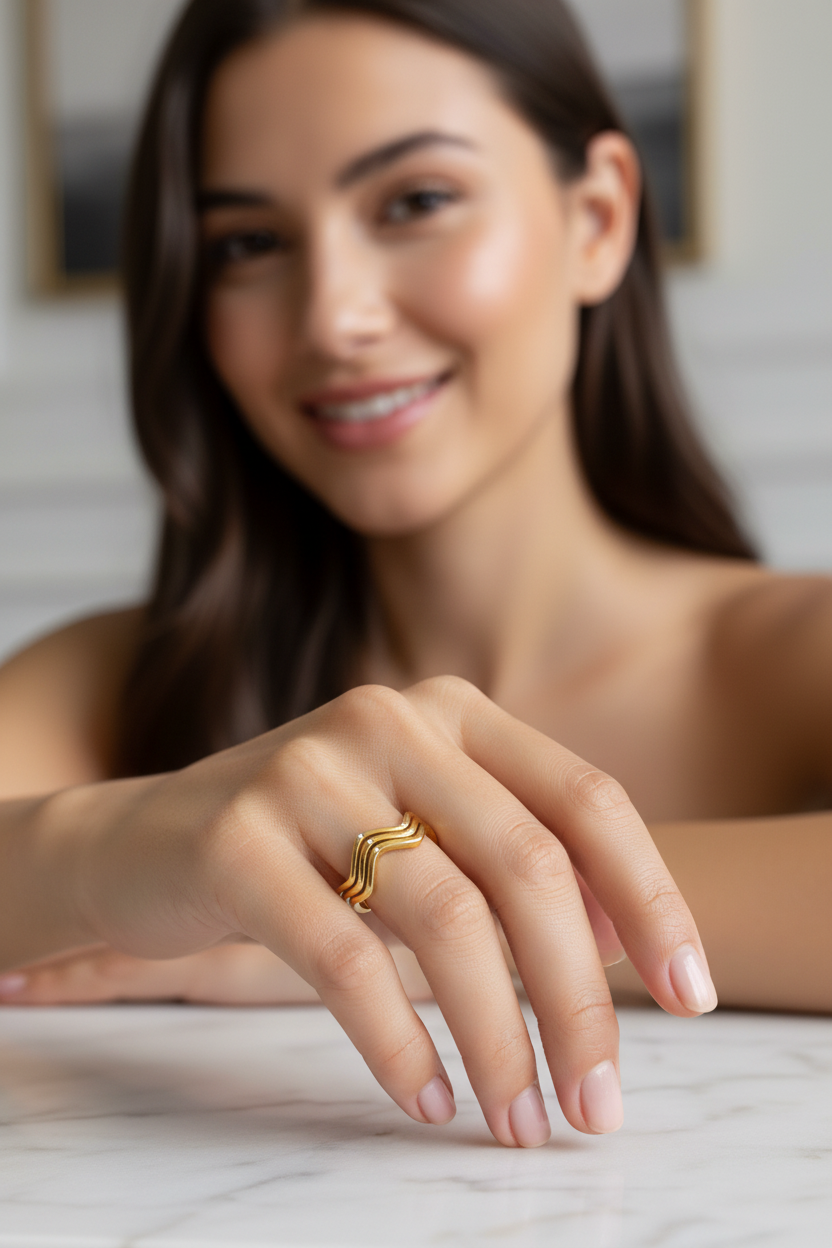 Zig Zag Tarnish-Free Gold Ring on white marble
