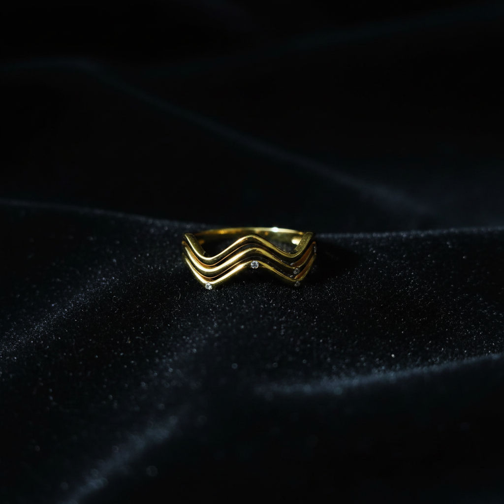 Zig Zag Tarnish-Free Gold Ring on black velvet