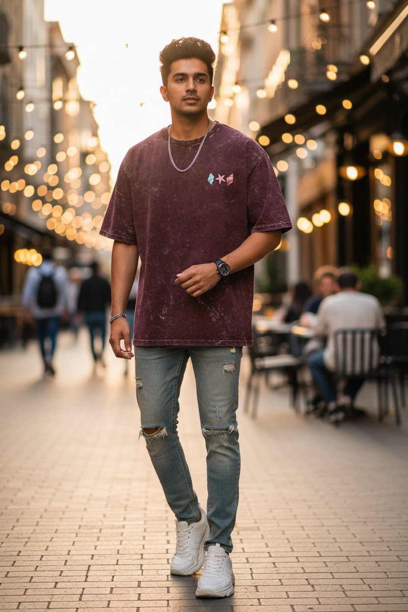 Maroon Acid Washed Oversized Tee - Man