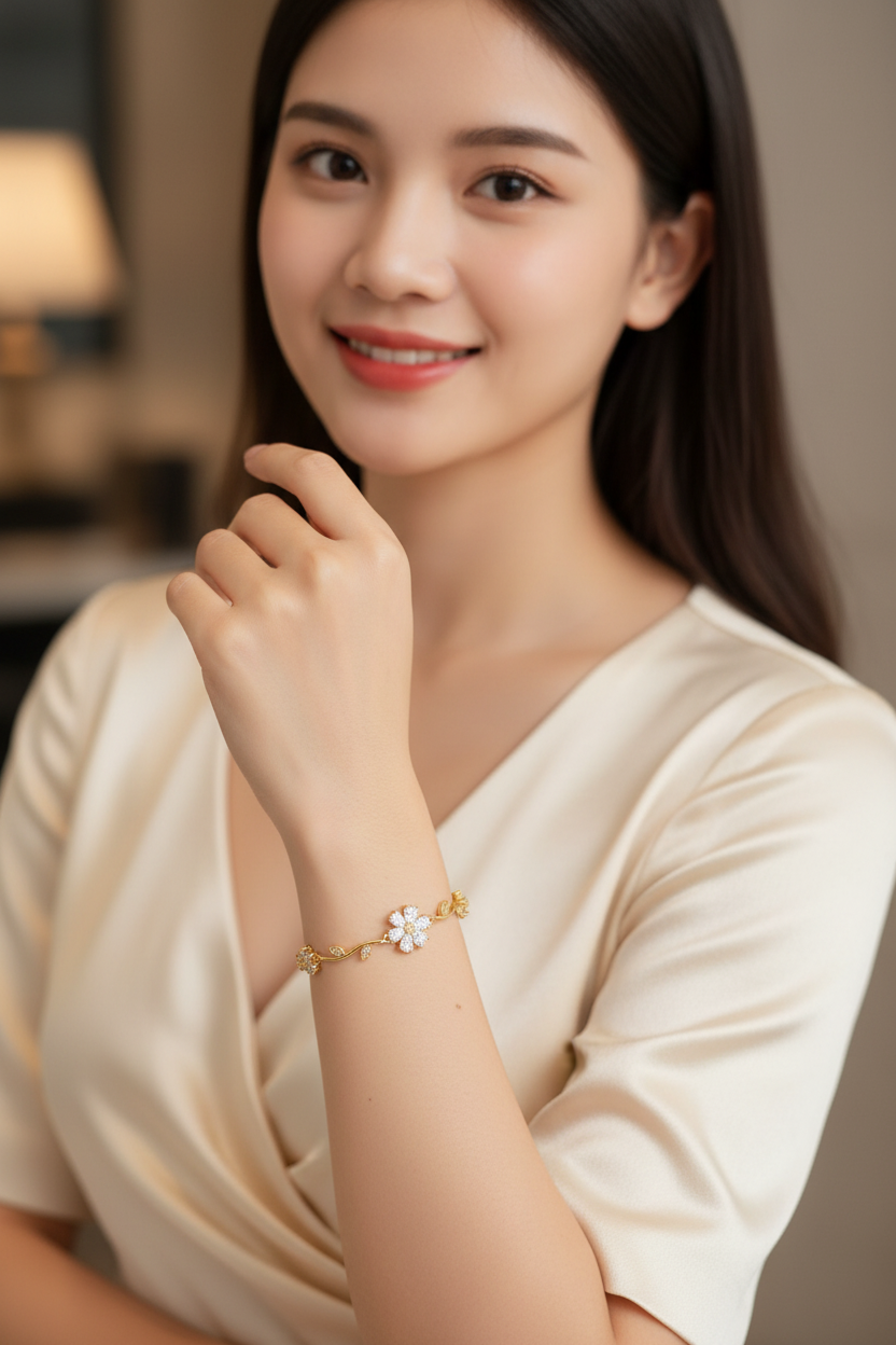 Gold Floral Bracelet on Peach Satin