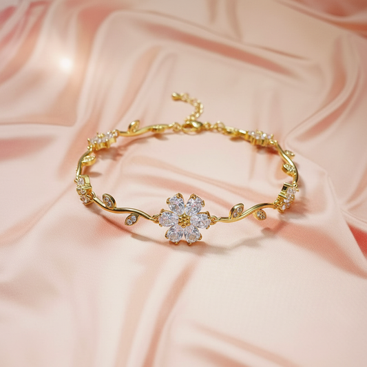 Gold Floral Bracelet on Peach Satin