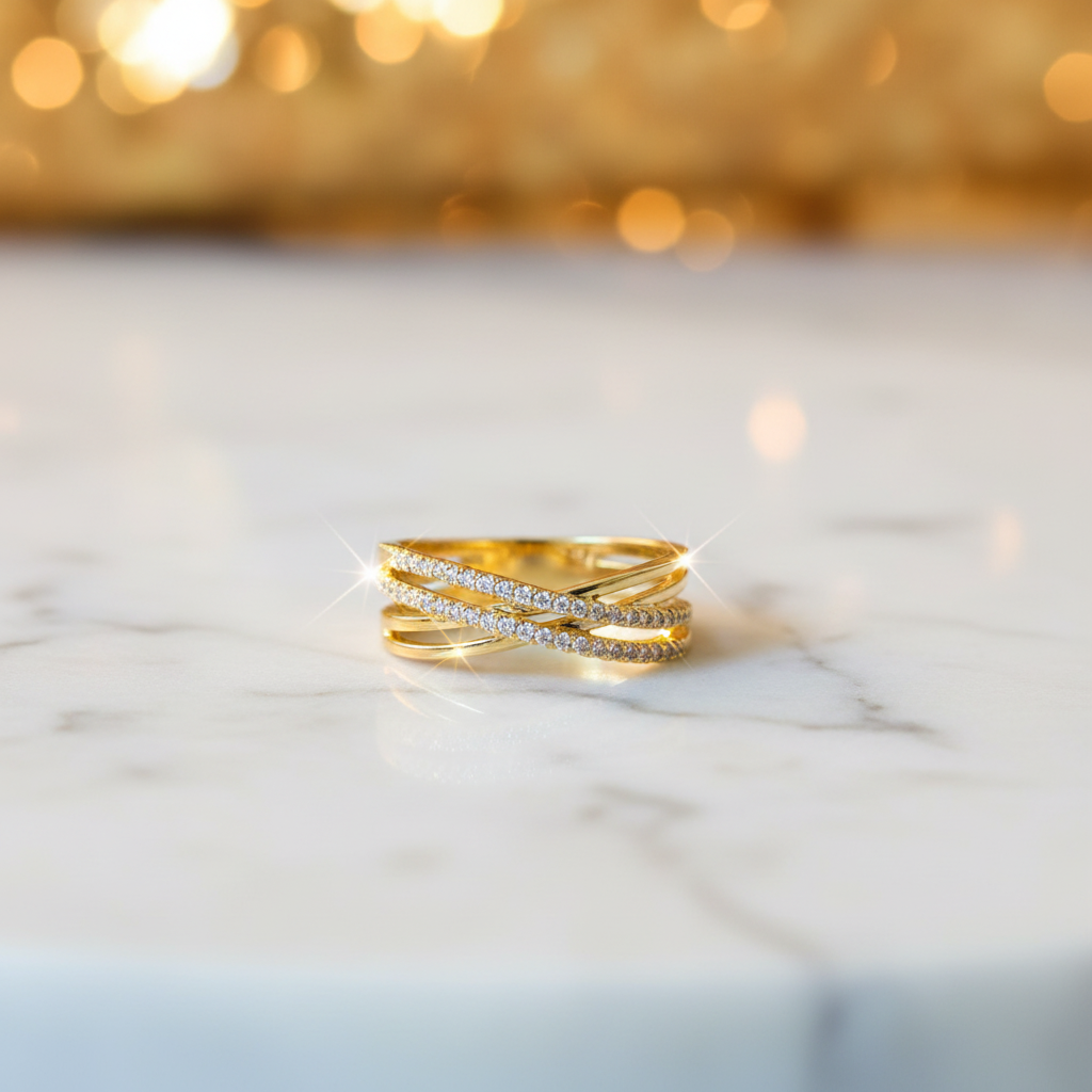 Gold Multi-Layer Crystal Ring on White Marble