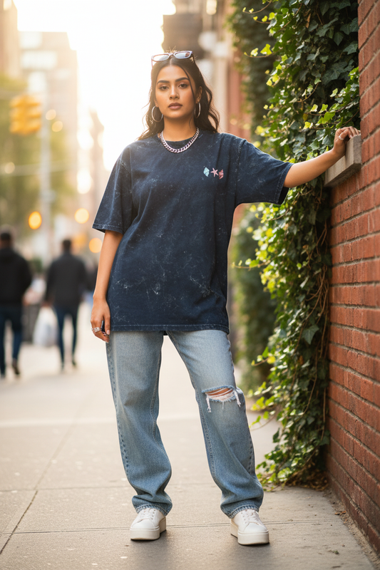 Navy Blue Acid Washed Oversized Tee - Woman