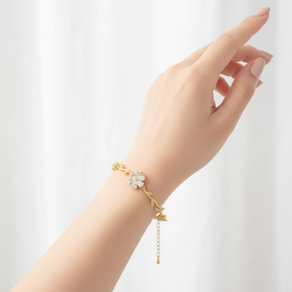 Gold Floral Bracelet Wrist Lifestyle Shot
