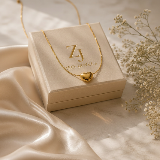 3D Heart Gold Pendant on Zeo Jewels box