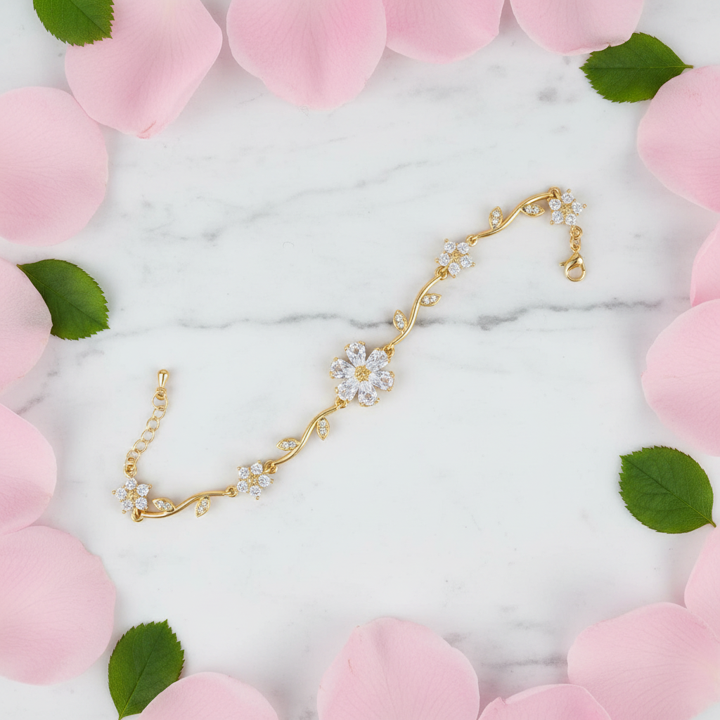 Gold Floral Bracelet with Rose Petals Flat Lay