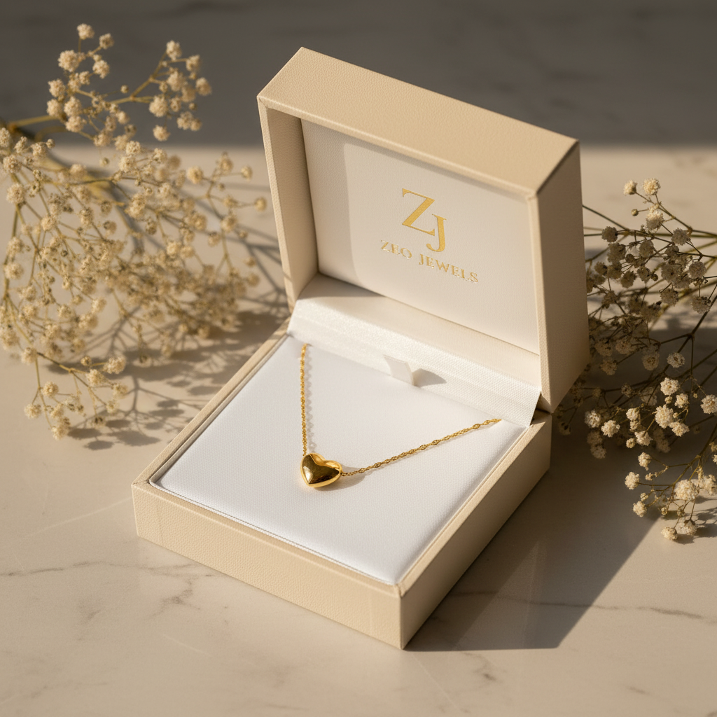 3D Heart Gold Pendant inside open Zeo Jewels box