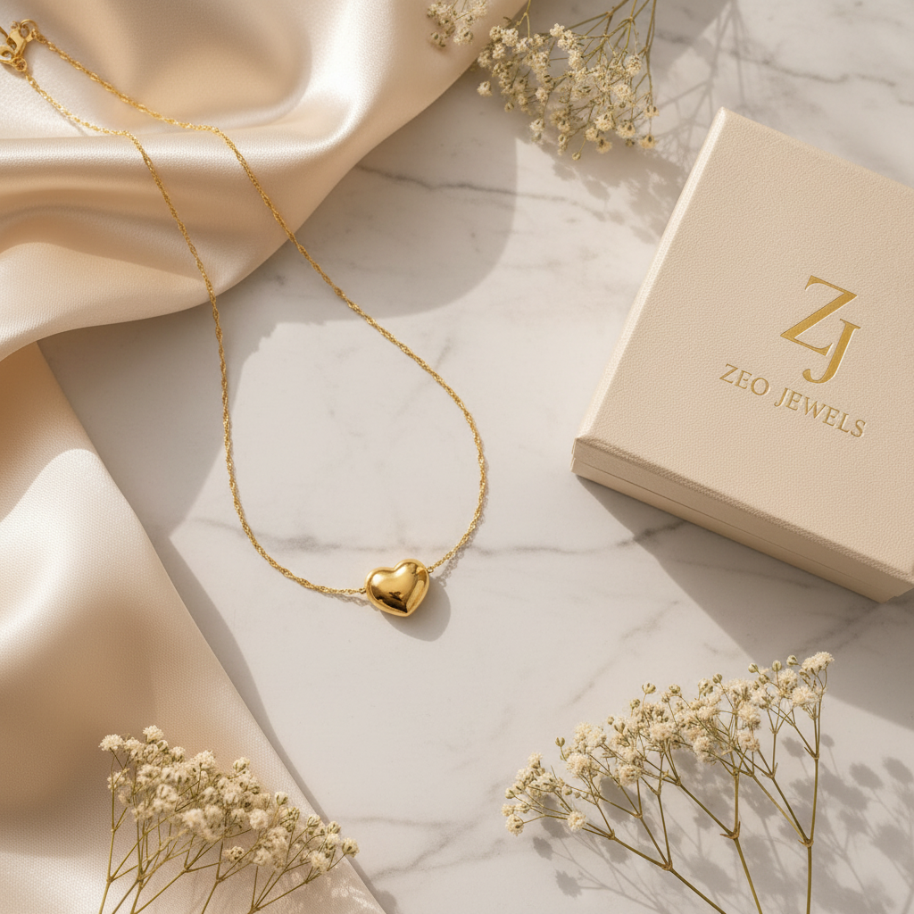 3D Heart Gold Pendant flat lay with Zeo Jewels box