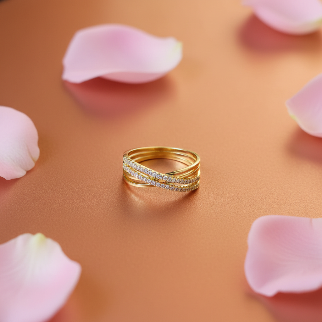 Gold Multi-Layer Crystal Ring with Rose Petals