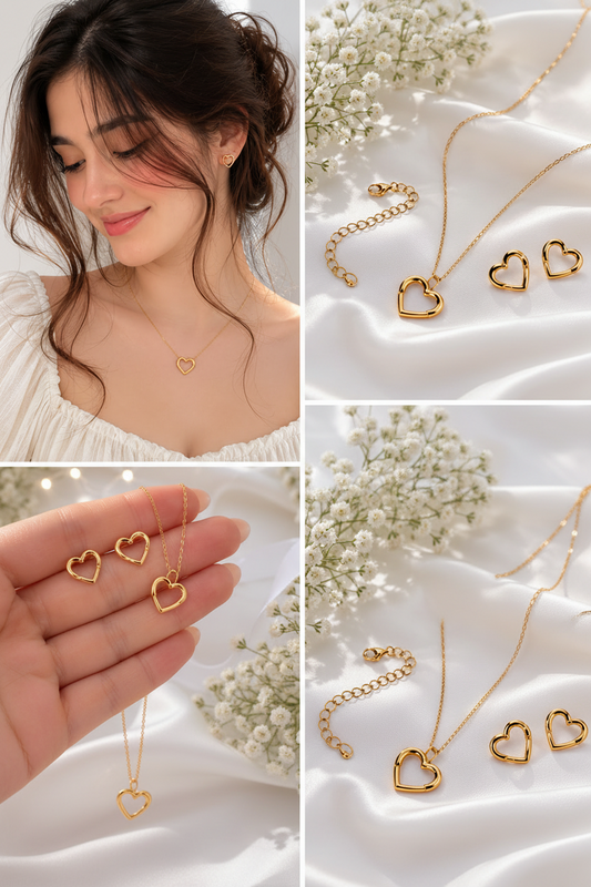 Tarnish-Gold Heart Chain & Earrings Set ❤️